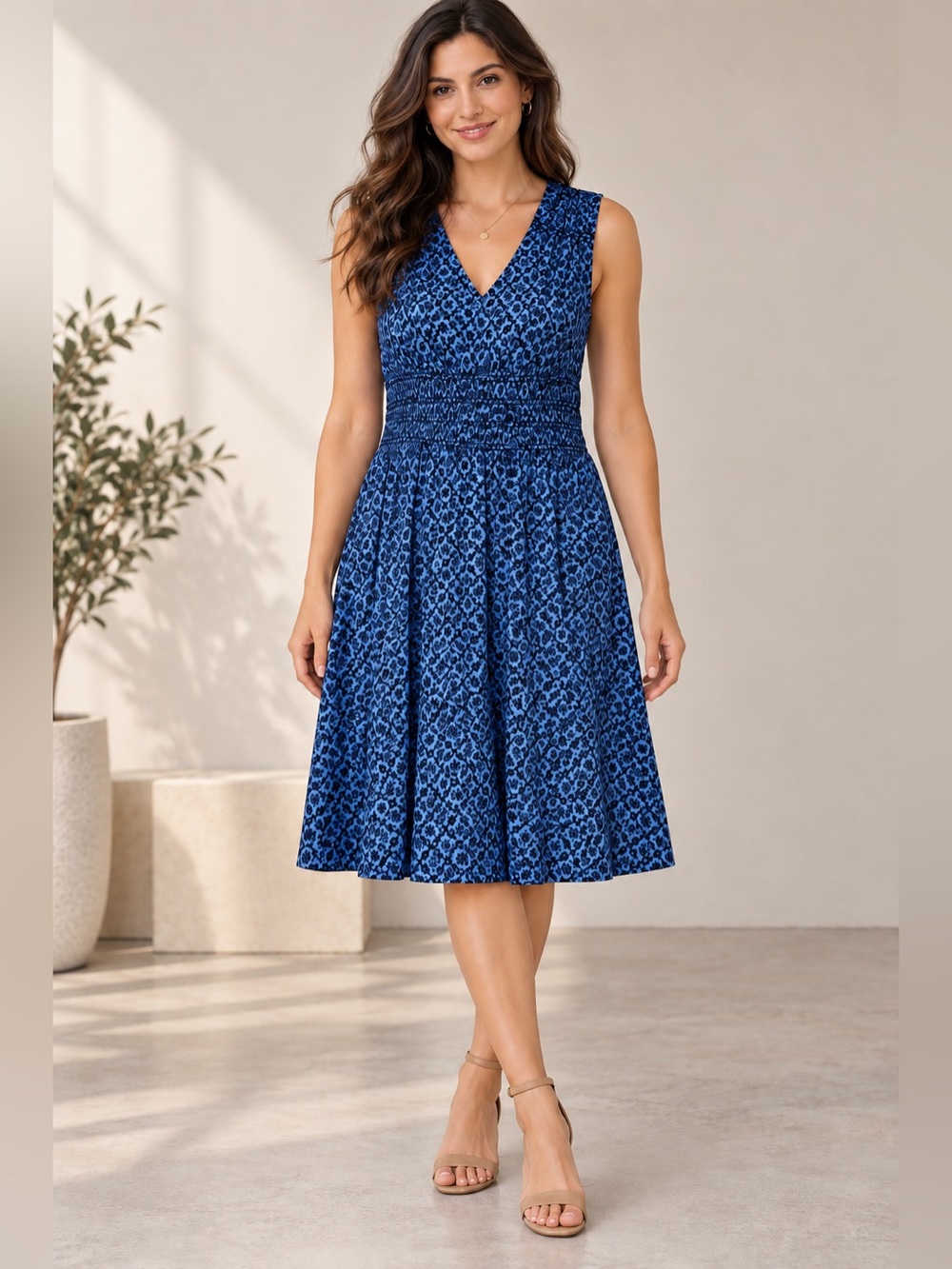 Daisy Fuentes Blue Black Print Sleeveless Midi Dress Size L
